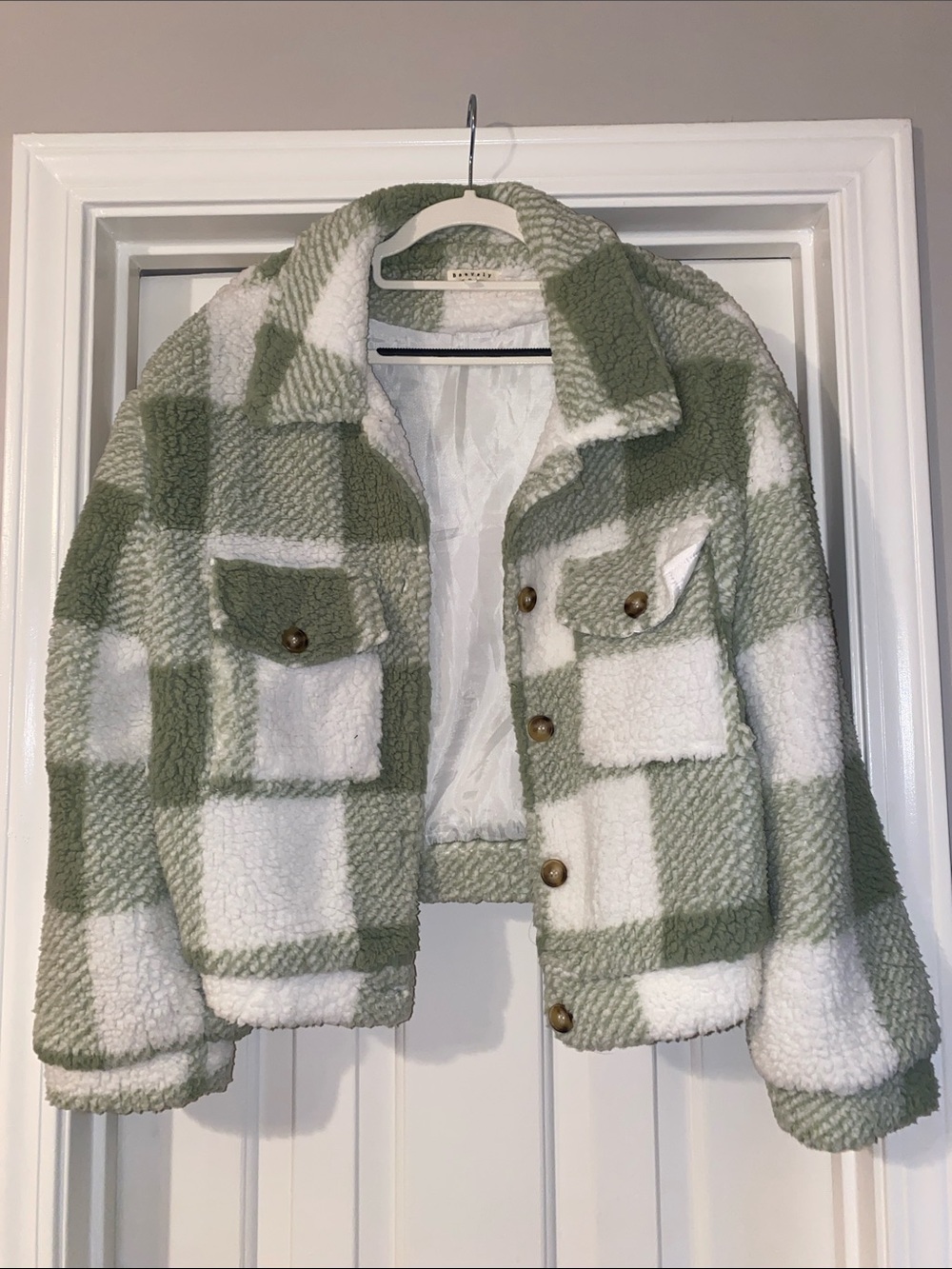 Checked Sherpa Jacket in Sage and White